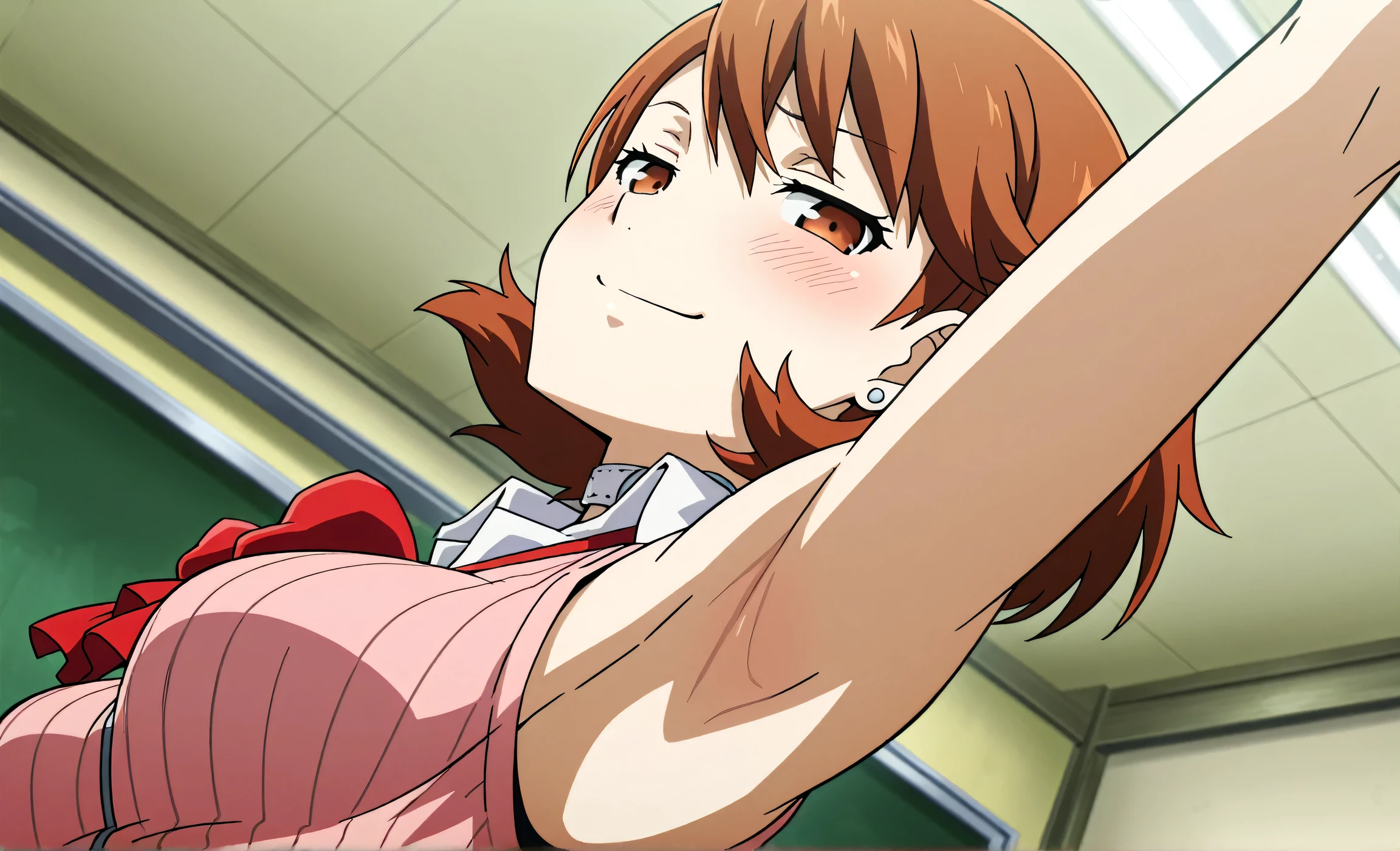 masterpiece, best quality, amazing quality, anime screencap, anime coloring, 1girl, solo, p3yukari, yukari takeba, short hair, light brown hair, earrings, choker, brown eyes, medium breasts, p3yukari-winuni, school uniform, cardigan, pink cardigan, ribbon, gekkoukan high school uniform, sleeveless, bare shoulders, bare arms, arm up, raised arm, armpit, armpit focus, head towards viewer, (looking at viewer:1.1), direct eye contact, smile, smug, half-closed eyes, blush, closed mouth, indoors, classroom, from side, from below, armpit up close, close-up of armpit