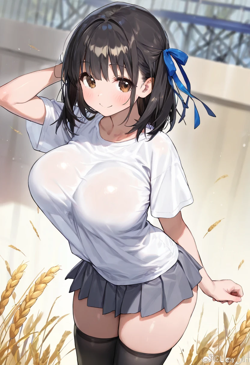 in front_Misaki、Sailor suit、White blouse、Pink tie、Dark blue pleated skirt、Wheat field、、、The best smile、standing、(I can see your pants)、(Fluttering skirt)、mini skirt、Wonderful landscape、Strong winds、Nipples are visible