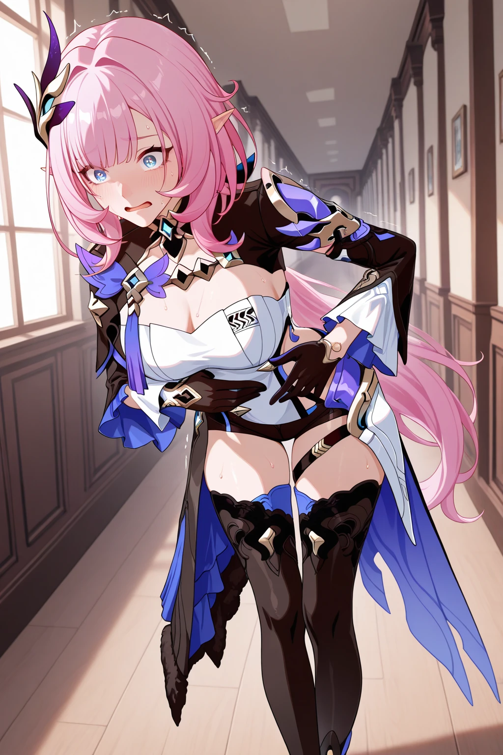 Astolfo being holded from behind,man touching her breasts,looking uncomfortable,big breasts,outlined vagina,tight