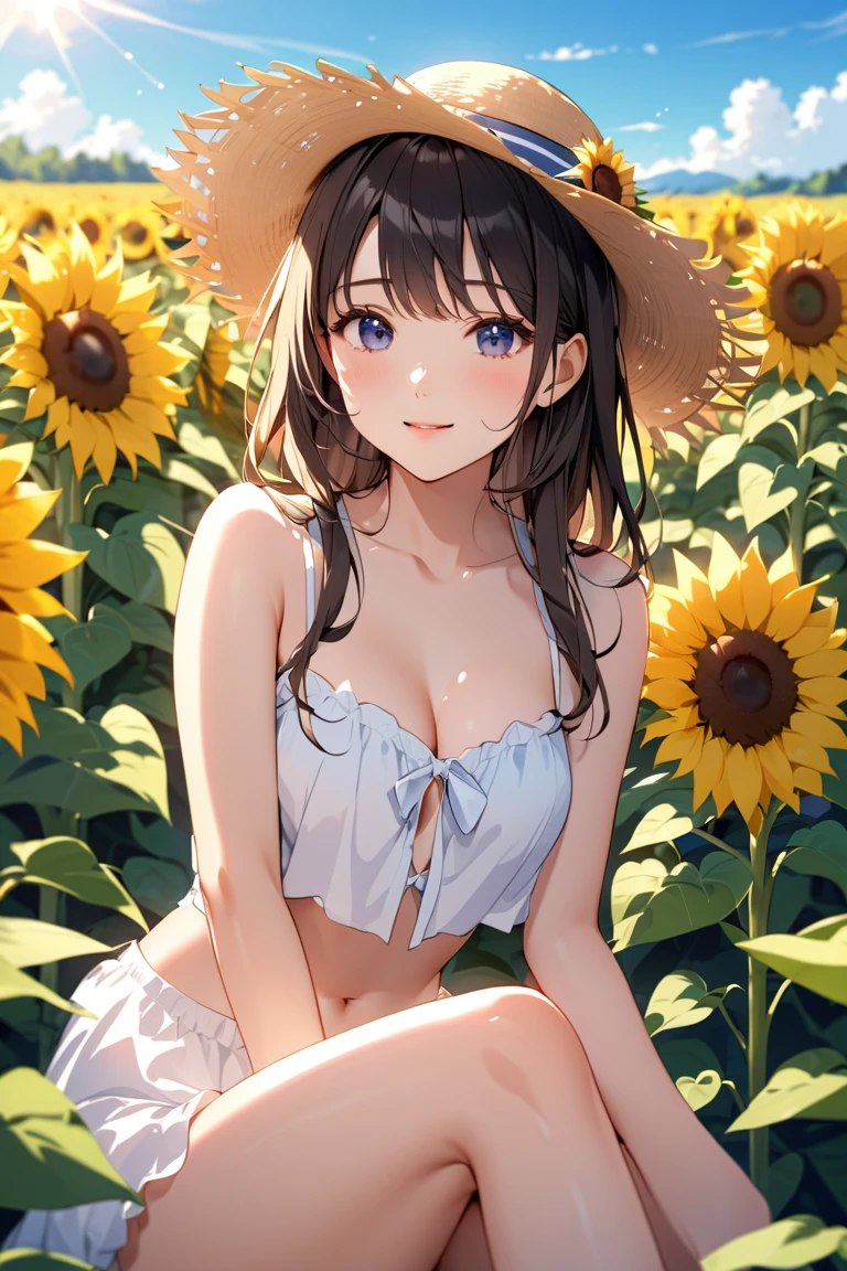 ((Highest quality)), ((masterpiece)), (detailed), (Japanese),14 years old, Black Hair,(Childish face), (long hair), Girl, big Breasts, Small nipples, , ((Blue eyes)),half-smile ,((white bandeau bikini)), Sunlight, cowboy shot, arched back, (extreme_close_up) ,Sunflower field,