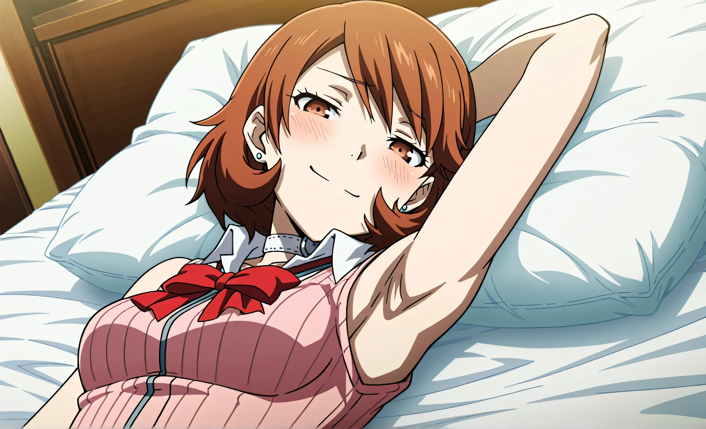 masterpiece, best quality, amazing quality, anime screencap, anime coloring, 1girl, solo, p3yukari, yukari takeba, short hair, light brown hair, earrings, choker, brown eyes, medium breasts, p3yukari-winuni, school uniform, cardigan, pink cardigan, ribbon, gekkoukan high school uniform, sleeveless, bare shoulders, bare arms, arm behind head, armpit, armpit focus, head towards viewer, (looking at viewer:1.1), direct eye contact, smile, smug, half-closed eyes, blush, closed mouth, lying in bed, from side, from above, pillow