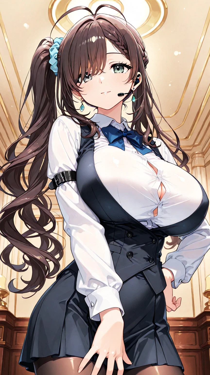 luxury background, source_anime, (1girl, solo, solo focus), noir, huge breasts, wide hips, narrow waist, thick thighs, very long hair, tan, light smile, rabbit ears, secretary outfit, detailed background, luxury bedroom background