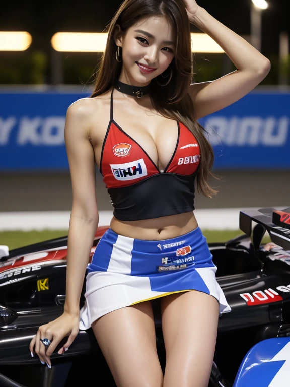 (masterpiece), ( MotoGP Racing Girls), (eyeliner:0.5),(blush:0.5), Black Hair, A faint smile, beautifully繊細な少女を指す, Highly detailed eyes and face, beautifully繊細な目, , ((Event List)), (MotoGP track background), (Highest quality, High resolution, reality, original, 8k,masterpiece, ),(((Dynamic pose))),(((Central Perspective))),(((Show the underside of the chest ))),(((Red miniskirt lift))),(((Bare inner thighs))),(((F1 cars on display))), (Vibrant colors:1.2), (beautifully),