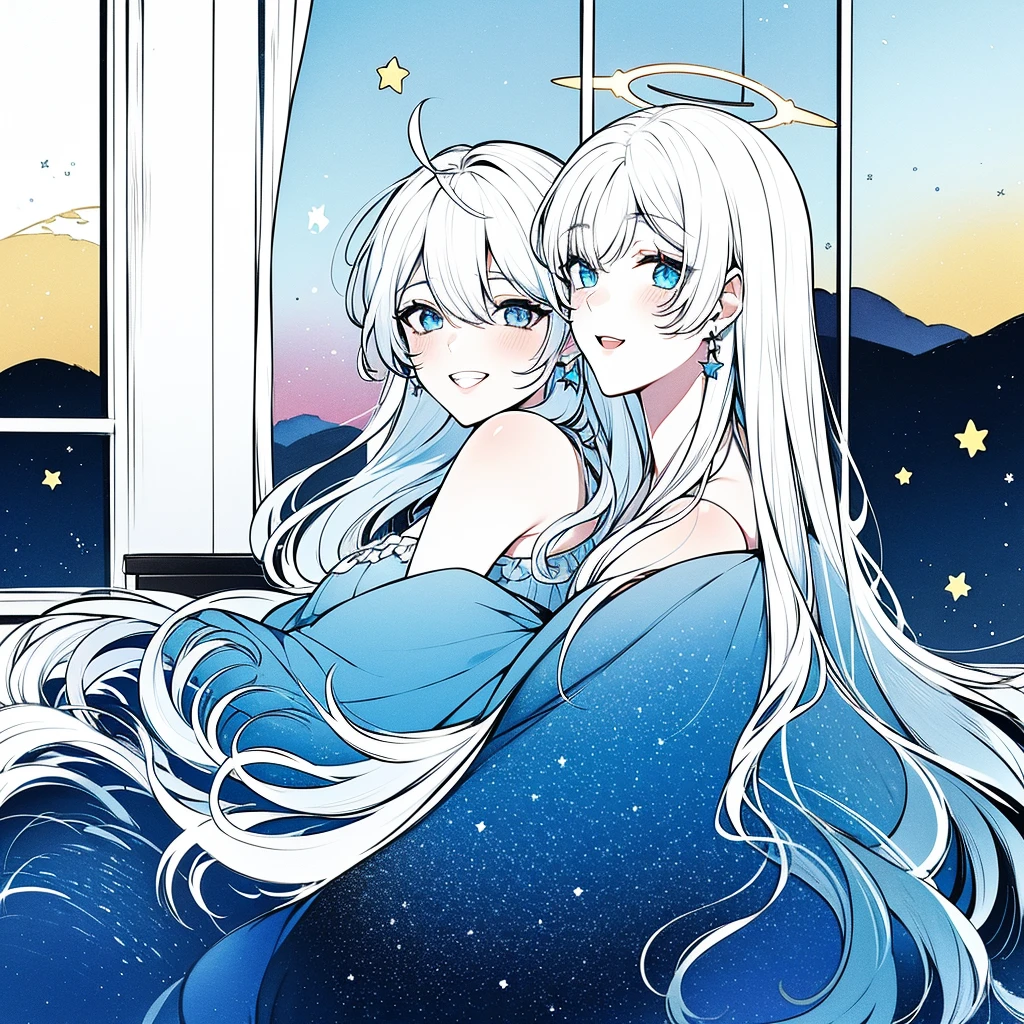 Black and white image of two girls with their backs on the grass hugging each other and looking at the stars