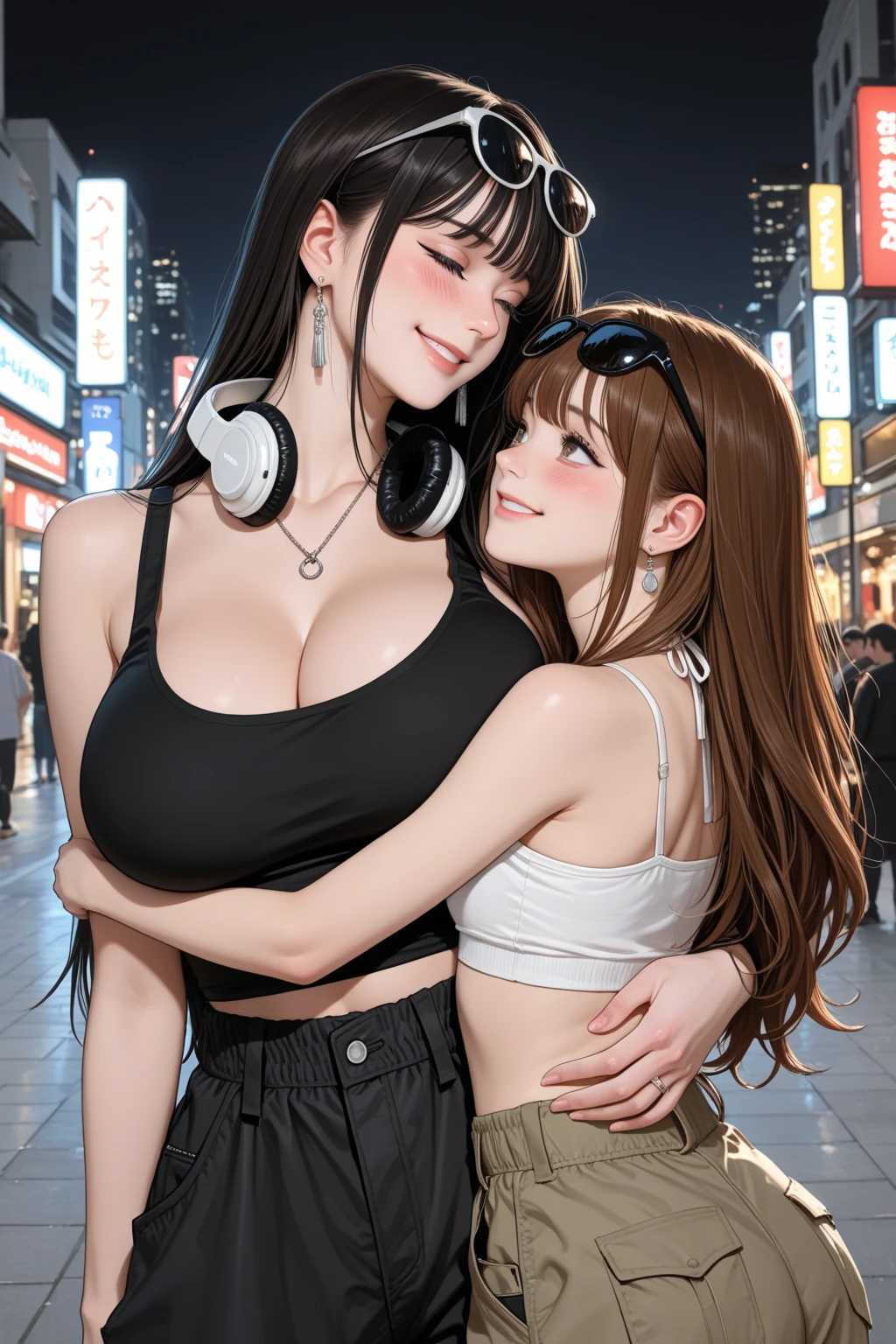Girl3people,whole body,Short hair in twin tails,Wide forehead,Showing underboob,Off the shoulder,crowd,Surrounded,Carrying a bag,Close your eyes,pantiey are touched,Being hugged from behind