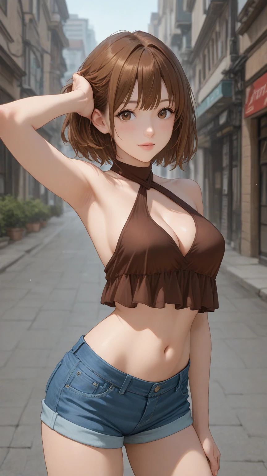 (NSFW)、Photorealistic perfect body、Ultra-high image quality、Ultra-high realistic image quality,(with sparkling eyes and a contagious smile),(her thin pubic hair:1.3),(Japan Gal:1.5)、(Teenage face:1.3)、(cute bikini)、(garterbelts:1.3)、(Solo)、(medium-breasted:1.0)、(cleavage of the breast:1.4)、(Gravure Pose:1.3)、(Cowboy Shot、Thigh up:1.2)、Waist slender、(bangss)、(brown hair color:1.0)、(voluminous curly hair:1.2)、(Shorthair:1.5)、(Chain Belt)、(good lighting)、(blurry backround)、A smile、Gal Style Makeup、Gal style earrings、Gal style bracelet、(Gal style long necklace、Cross Ornament:1.3)、shopping street,happy smile, smiling,((Very happy smile))、Show shoulders、Complex patterns and transparent materials、Artistic depiction of seductive women, Emphasizes her charming silhouette,