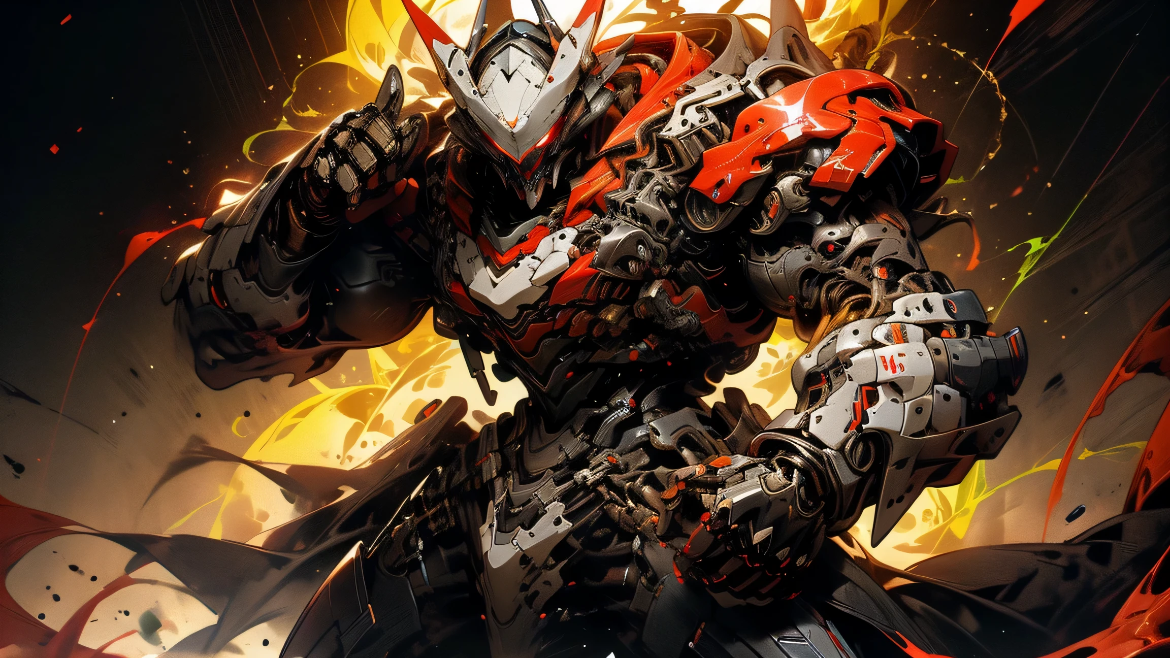 Thin outline, Anime Style, Cool and Edgy , A mysterious figure in a dark suit with robotic features, With chains, Wear an advanced wolf mask、red eyes, Standing on a red background , dramatic lighting, Cyberpunk, dark, Sleek Design, Future, Fashionable, Pose , colorful, Confident, performance, accessories, swirl, It is hung with a , stylish, Attack, 【contemporary, Fashion