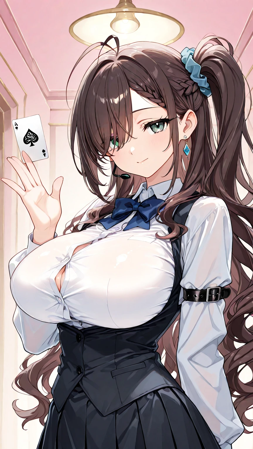 score_9_up, score_8_up, score_7_up, 1girl, solo, source_anime, hourglass figure, Big breasts, kemonomimi, bear ears, brown hair, short hair, messy_hair, blue eyes BREAK freckles, (magician), top hat, black jacket, green leotard, fishnet pantyhose, bowtie, cleavage, open mouth, bowtie, Open jacket, white background, gradient background, standing, looking at viewer, teasing face, poker, holding cards