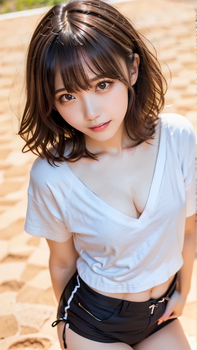 One girl, Laughter, (((Small breasts))), (((Bokeh))),Depth of written boundary, Cute face, Focus on the viewer, masterpiece, Too many model shoots,Full-body portrait in proper clothes, Sexy pose, ((8k 、RAW Photos、highest quality、masterpiece)、High Definition RAW Color Photo Pro Photo、(Realistic、Photorealism:1.37)、(highest quality)、(Best Shadow)、(Best illustrations)、超A high resolution、Combining 8K wallpapers and high-definition CG、Physically Based Rendering、Cinema Lighting)、(Large Breasts:1.4)、Cleavage、Saggy breasts