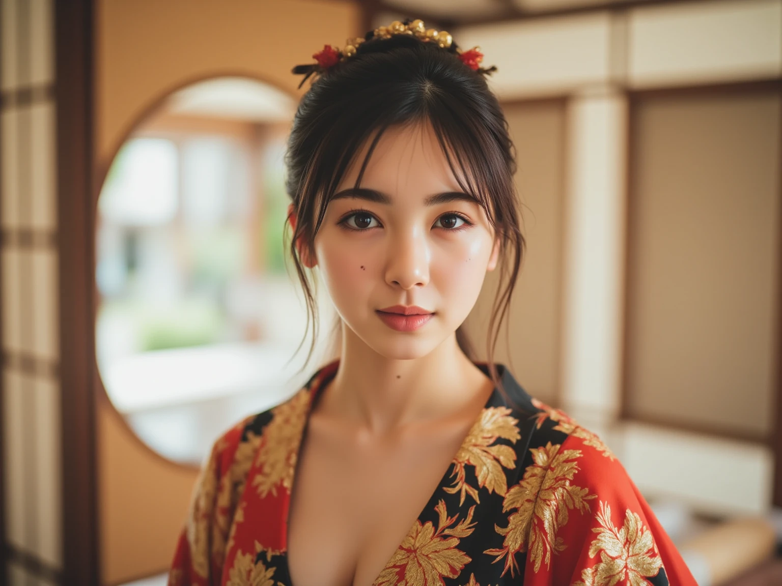 big breasted japanese woman in elaborate kimono, ornate shrine, cinematic atmosphere, (best quality,4k,8k,highres,masterpiece:1.2),ultra-detailed,(realistic,photorealistic,photo-realistic:1.37),(looking at viewer),highly detailed face,beautiful detailed eyes,beautiful detailed lips,extremely detailed eyes and face,long eyelashes,intricate kimono design,ornate shrine background,warm lighting,dramatic shadows,vibrant colors,photorealistic