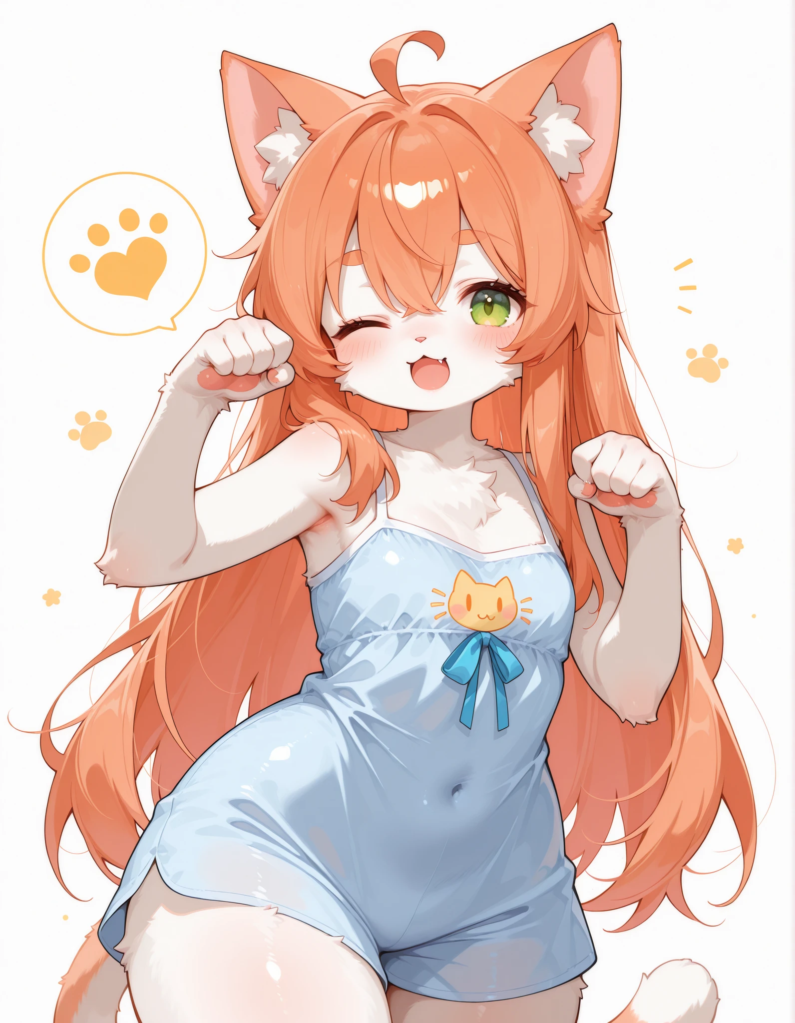 furry cat, uwu face, big hips, chest, paw pose, one eye closed, summer clothes, long hairs, young