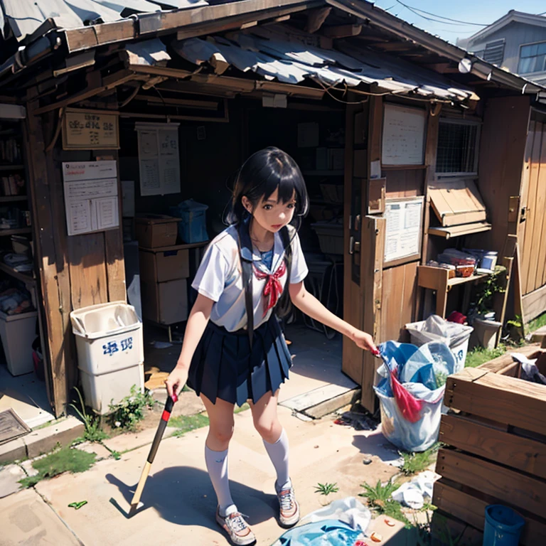 At the door of an abandoned toilet, a foreign girl with a funny expression holds a Chinese-made Type 95 rifle
