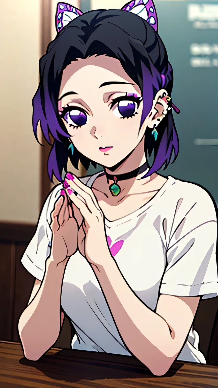 (masterpiece, best quality, high resolution, 8k:1.2), (anime coloring:1.2), 1girl, high resolution, unity 8k wallpaper, (beautiful detailed eyes:1.2), extremely detailed face, perfect lighting, extremely detailed CG, beautiful eyes, perfect eyes, detailed eyes, distinctive big highlights, symmetrical eyes, Purple Hair, Short Hair, (large butterfly hair clip), Pretty Parted bangs, purple eyes, narrow eyes, (slim:1.3), (small medium breasts:1.2),
(perfect hands, perfect anatomy), solo, (t-shirt, ear piercing, print shirt, short sleeves, bangs, breasts, pink nails, black choker, short shorts, nail polish), (Exposed breasts, arms down), (makeup, false eyelashes, hair ornament, earrings), looking at the viewer, in the center of the image, (upper body:1.2), dutch angle,