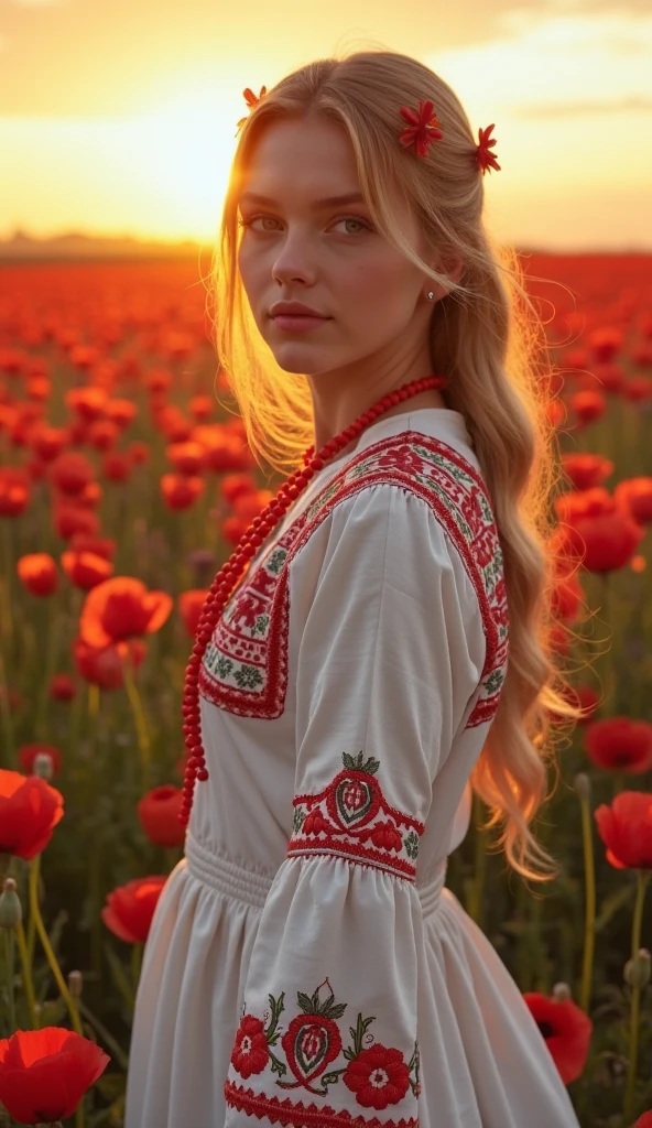 girl, Russian girl, Medieval Russia, Long Yukata, white outfit, field, green eye, red lace, blond hair, Embroidery, beauty girl