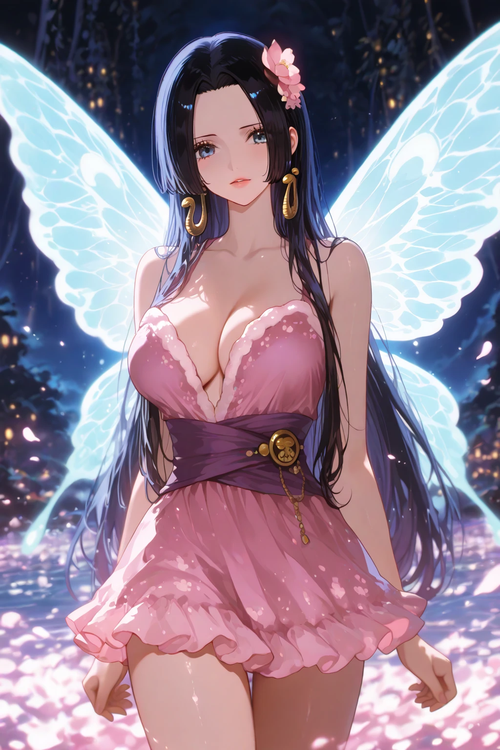 (masterpiece, Highest quality:1.3), (Very detailed:1.2), (hyperRealistic:1.3), (RAW Photos:1.2), High resolution raw color photos, Professional photos, (PhotoRealistic:1.4), (Realistic:1.4), (Pink Hair:1.5), Professional Lighting, Perfect Anatomy, (Big Breasts:1.2), (blush, Detailed face), (smile:1.7), sexy, erotic sexy, ランダムなsexyなグラビアポーズ, (An angel in a white gold off-the-shoulder sundress、so beautiful、Wearing a flower crown and smiling gracefully in a flower field in full bloom、The background is flowers in full bloom、Brilliant starry sky、Pearl Earrings、Pose picking flowers。:1.3)、Archangel Raphael、It has a large white feather on its back..、She looks like an angel.、Taking the form of an archangel、holding a pink rose in hand