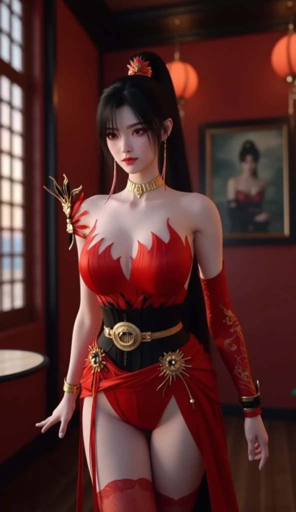 1 girl,standing posture,Dancing sleeves,nighttime,RED moon,(( ancient Hanfu)),gem tassel,( huge breasts),cleavage,shiny skin, red lips,( tattoos:1.3), masterpiece, best quality, realistic ,Rich artistic colors, 8K,Portrait art,solo, tamaki