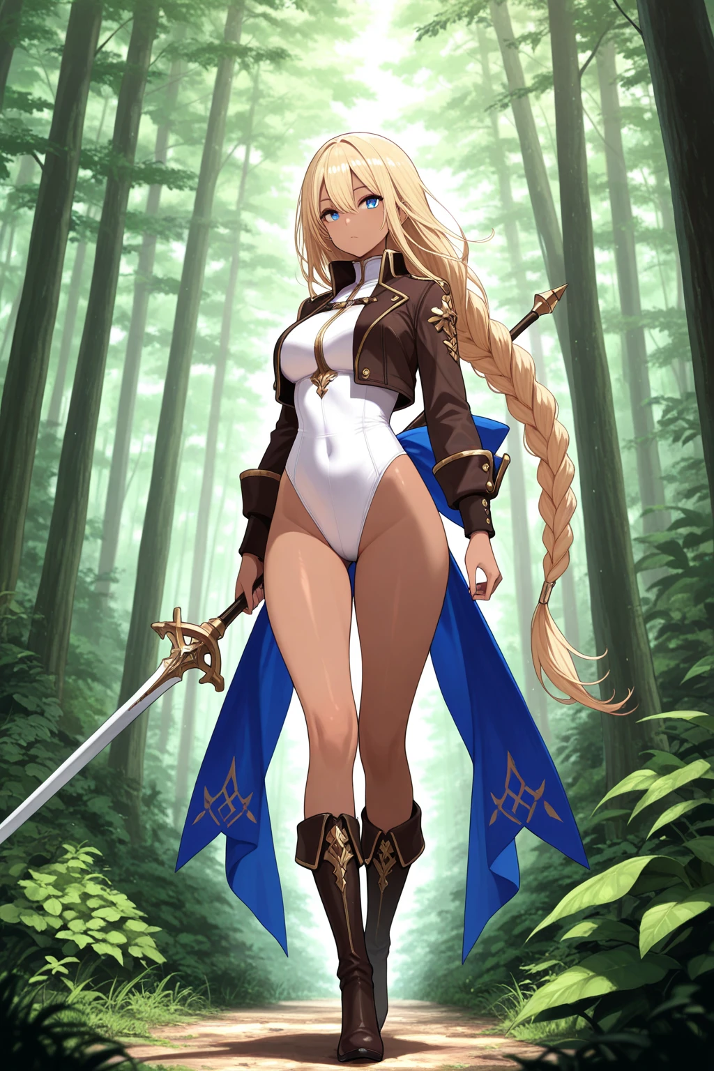 anime style, masterpiece, Best quality, girl 20 years old, cat ears and tail, Normal breast, high, long hair, in expensive, tight-fitting adventurer clothes, whip on the belt, stands in the forest, fantasy