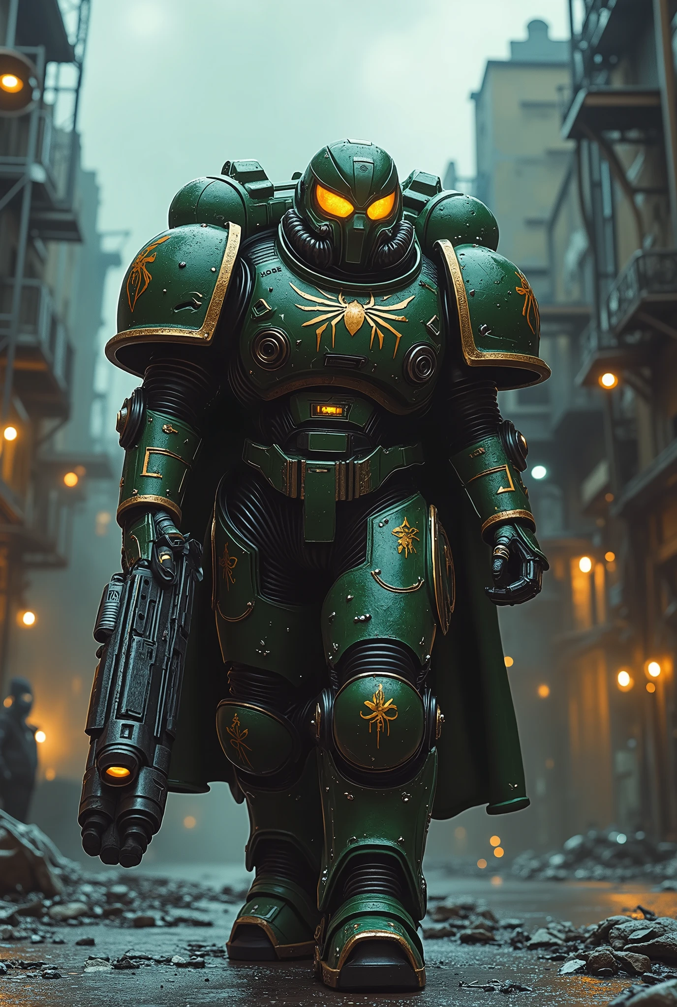 Cinematic action scene, HUD vision view, Light Yellow mix green vision view, battleruins city, Dystopian city, trench warfare, iron mesh, battle bunker, battle info screen.
Midground View: The hyper detail, armed supperhero, the astartes Spiderman with metallic, Strengthen futuristic inspired uniform, mix the wwi Storm trooper style, the cape, the gas mask, SPIDER emblem on chest, aiming decoration wwi gun. standing on the street in chaos dystopian battlefield city background at dawn. His helmet is marked with runes, gun hangs on hand, glowing faintly with enchanted, golden runes. detail background, straight on angle shot, Full body shot, closed-up, ultra-realistic 32k resolution, official art styled digital painting, intricate armor engravings catching realistic dim lighting, film grain texture overlay, reversal film effect, high quality, detailed realistic background with scattered futuristic debris, shadowed craters, misty atmosphere, cinematic.