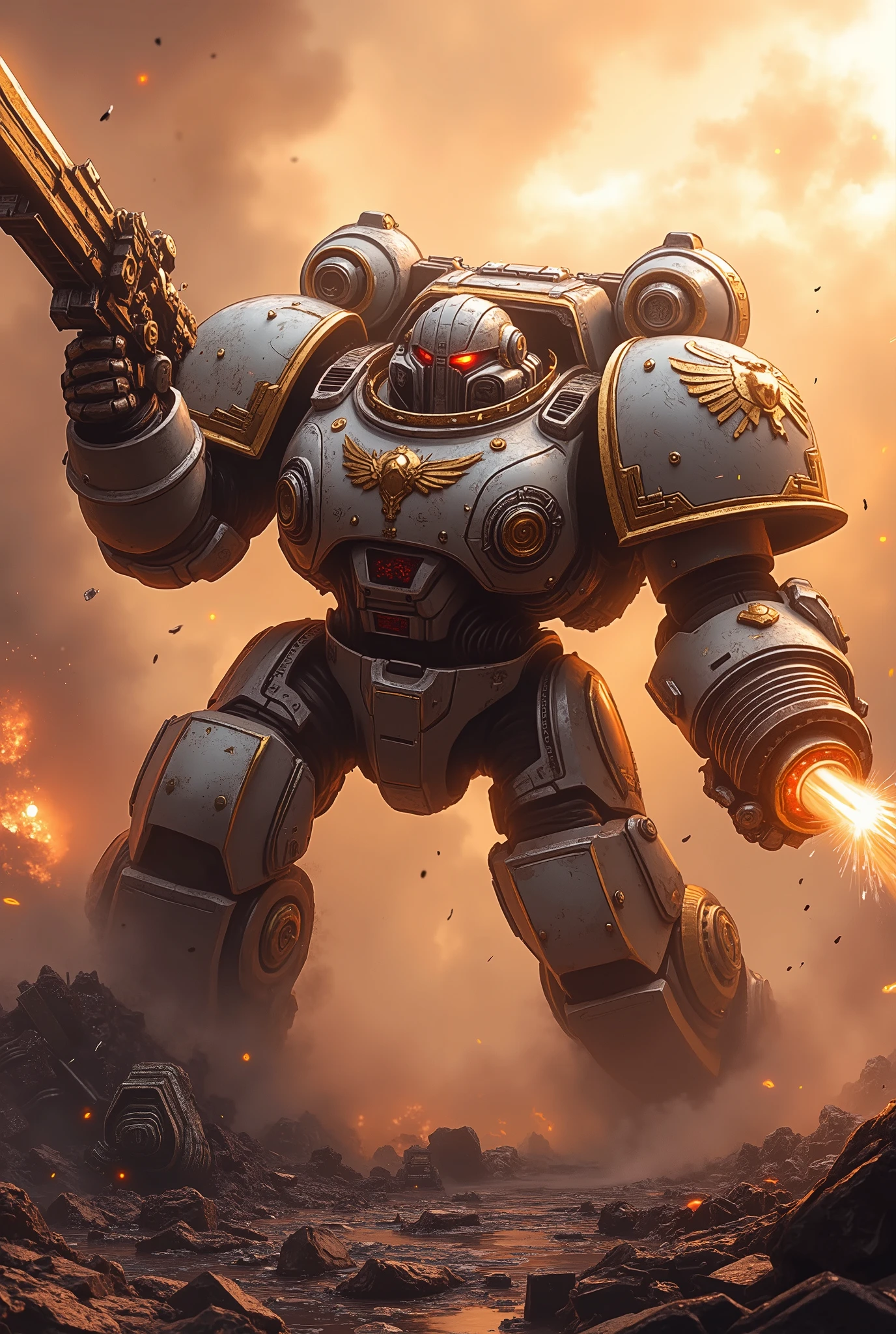 (masterpiece, ultra-HD, 32k, photorealistic, cinematic lighting, dynamic motion blur, film grain, dramatic shadows, glowing particles, reversal film effect, depth of field, fog, official art style)
Full body, dynamic pose, mid-action: A massive Imperial Knight Mech, styled with WWI stormtrooper armor, charges forward in a devastated urban battlefield at dawn. The mech’s colossal body—an alloy of Warhammer 40K knight design and trench-era steelwork—is bursting through smoke and fire, optics glowing crimson.
In one hand, it swings a runed chainsword mid-slash, golden enchantments blazing as it cleaves through a collapsing enemy mech. Sparks fly. The other hand fires a relic trench cannon, muzzle flash tearing the haze, ejecting shells in slow-mo.
His white shoulder bears a Scythe emblem, chestplate etched with a golden laurel and red star, haloed by a glowing metallic annulus behind his head. Runes burn along his mask-like faceplate.
All around: debris explodes, twisted steel rains down, arc lamps flicker. The orange dawn burns through smoke, casting intense cinematic shadows across the mech’s battered, sacred armor.
A brutal clash of titanic machines, frozen in mythic fury—a techno-knight waging holy war amid a collapsing iron age, soaked in grit and glory.