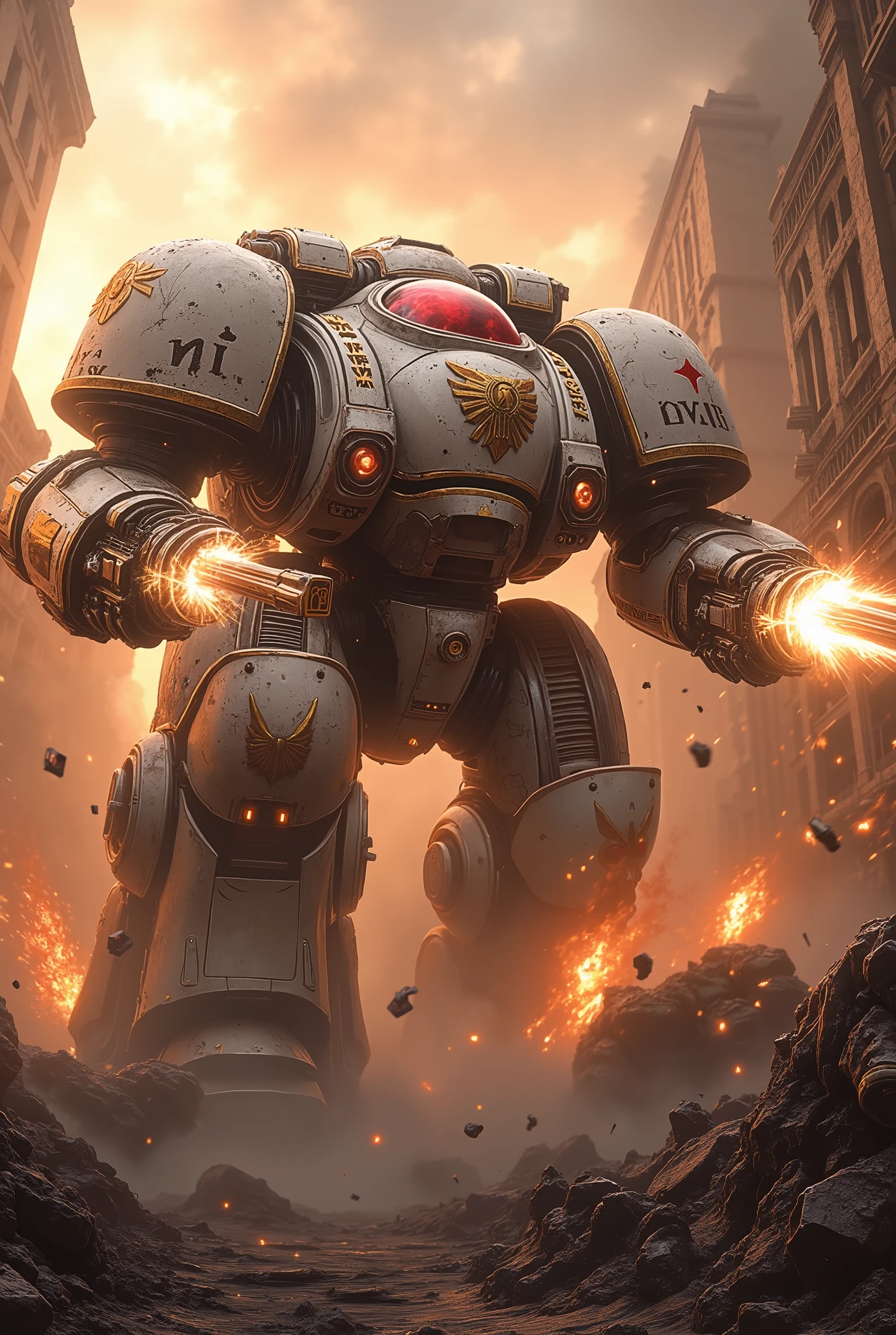 (masterpiece, ultra-HD, 32k, photorealistic, cinematic lighting, dynamic motion blur, film grain, dramatic shadows, glowing particles, reversal film effect, depth of field, fog, official art style)
Full body, dynamic pose, mid-action: A massive Imperial Knight Mech, styled with WWI stormtrooper armor, charges forward in a devastated urban battlefield at dawn. The mech’s colossal body—an alloy of Warhammer 40K knight design and trench-era steelwork—is bursting through smoke and fire, optics glowing crimson.
In one hand, it swings a runed chainsword mid-slash, golden enchantments blazing as it cleaves through a collapsing enemy mech. Sparks fly. The other hand fires a relic trench cannon, muzzle flash tearing the haze, ejecting shells in slow-mo.
His white shoulder bears a Scythe emblem, chestplate etched with a golden laurel and red star, haloed by a glowing metallic annulus behind his head. Runes burn along his mask-like faceplate.
All around: debris explodes, twisted steel rains down, arc lamps flicker. The orange dawn burns through smoke, casting intense cinematic shadows across the mech’s battered, sacred armor.
A brutal clash of titanic machines, frozen in mythic fury—a techno-knight waging holy war amid a collapsing iron age, soaked in grit and glory.
