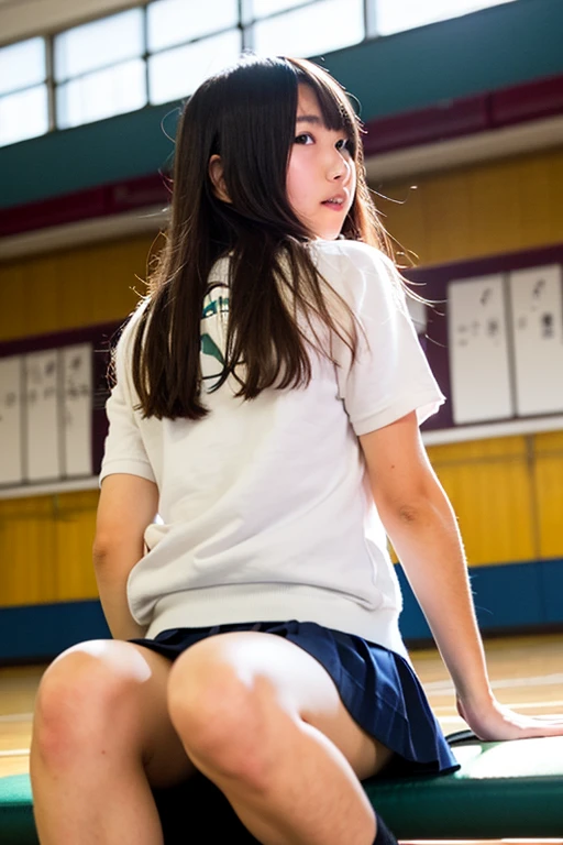 (masterpiece, Highest quality:1.2), 8k, young美しい女の子, 85mm,Official AR RAW Photos,clear,Junior high school freshman，very cute,Idol Style,student，10 generationsの少女，Sit on the floor ,Place your hands behind your back，young， I can see your chest,Flat Chest，Erect nipples，No makeup, Film Grain, chromatic aberration, Sharp focus, Face Light, Bright lighting, 10 generations, Detailed face, ((((((14 year old high school girl))))))、Tight waist，Delicate body,In the classroom at night，Delicate genitals，Genitals are clearly visible,young性器,Wide-open legs,Wide-open legs,Please spread your legs as far as possible，Look at my genitals,Show off your genitals,Feels good,From below,From the ground