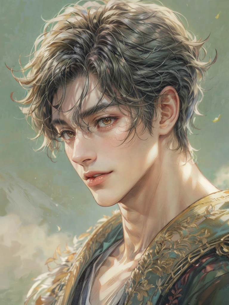 depict a small group of korean guys witj a range of these looks tall lean very buffed korean guy with dark or medium naturally wavy red brown hair kinda angular angles sculpted look and face very light hazel or amberlike or even goldden honey colored eyes yellowish olive complexioned show guy with a variance of this type of looks