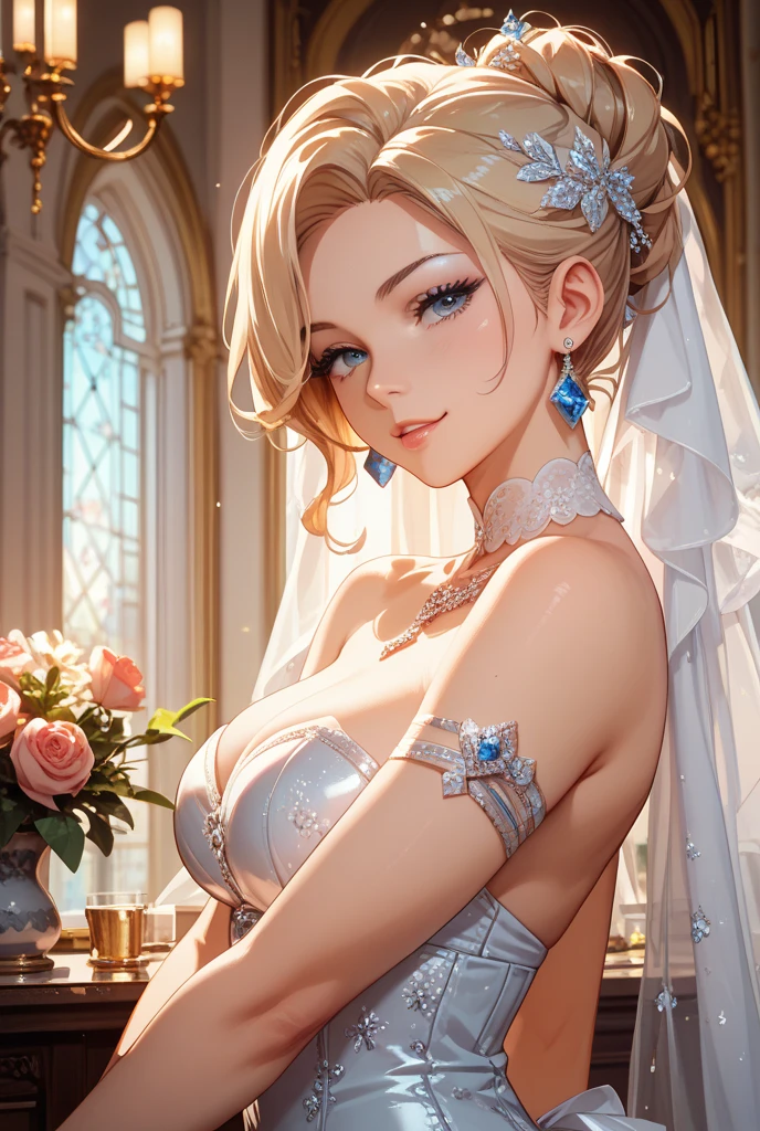 An exquisitely enchanting and elegant woman, radiates a captivating charm with her perfectly refined features, striking gaze, and an unequivocal allure.