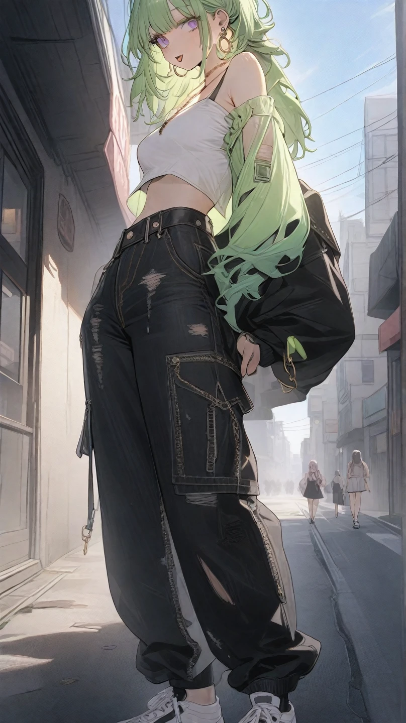 High resolution, high resolution,2D Anime Style,,Cool woman,Mature look,,Late 20s,Beautiful long green hair,Purple Eyes,Beautiful watch,Beautiful earrings,Beautiful necklace,Street fashion,White oversized hoodie,black long wide pants,Platform sneakers,He is smiling a little,In the Studio,I&#39;m playing the guitar,