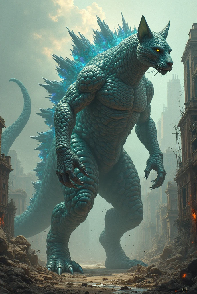 score_9, score_8_up, score_7_up, score_6_up, score_5_up, source_furry, kaiju, monster, low angle view, city background, blurred background, realistic, realism, digital painting, cinematic lighting, <lora:Godzilla_PONY_XL_Ver:0.8> godzilla, atomic breath, blue spines, glowing blue eyes, <lora:1dkXLP:0.8> 1dk, full-length portrait,  <lora:GwentStyle_v2:0.4> gwentstyle, blue energy,  <lora:HerrscherAGGA2024_TF_Style_V1:0.2> TF_Style,