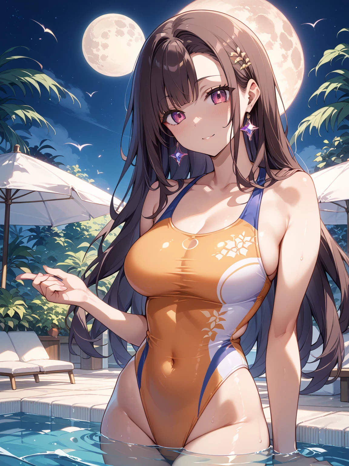 (masterpiece),(best quality), illustration, (fantasy:1.4), brown long hair, long eye lashes, solid circle eyes, light smile, Surrealism, drop shadow, anaglyph, stereogram, atmospheric perspective, 8k, super detail, accurate, best quality, UHD, textured skin, long dress, a moon, flowers , paper_cut.8k’
