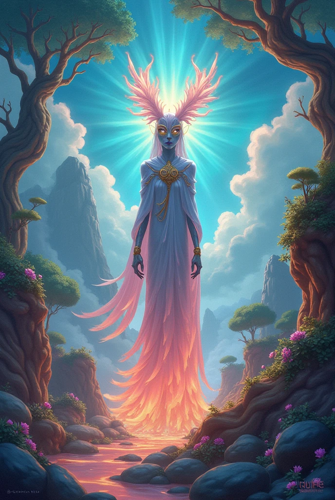A eldritch angel (central body of a violet lion, 6 pairs of radiant crystal wings, numerous white tentacle eyestalks with neon green eyes) has appeared in a holy corona and approaching the viewer set in a park in daytime