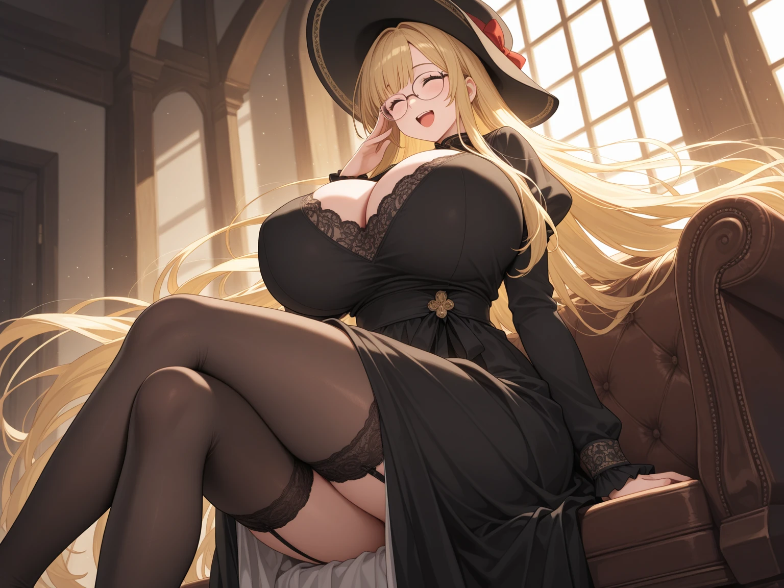 score_9, score_8_up, score_7_up,
best quality, masterpiece, ultra detailed,
<lora:Expressive_H:1>, smug, blush, 
looking at the viewer, 
<lora:Everlasting_Summer_Slavya_by_GraffMetal:0.8>, slavya, blonde hair, very long hair, long hair, twin braids, blue eyes, large breasts, 
source_anime, rating safe, huge filesize, colorful, depth of field, big breasts, witch, witch hat, sitting, indoor, bedroom, thighhighs, long gloves, on side, from below, 
amazing background,