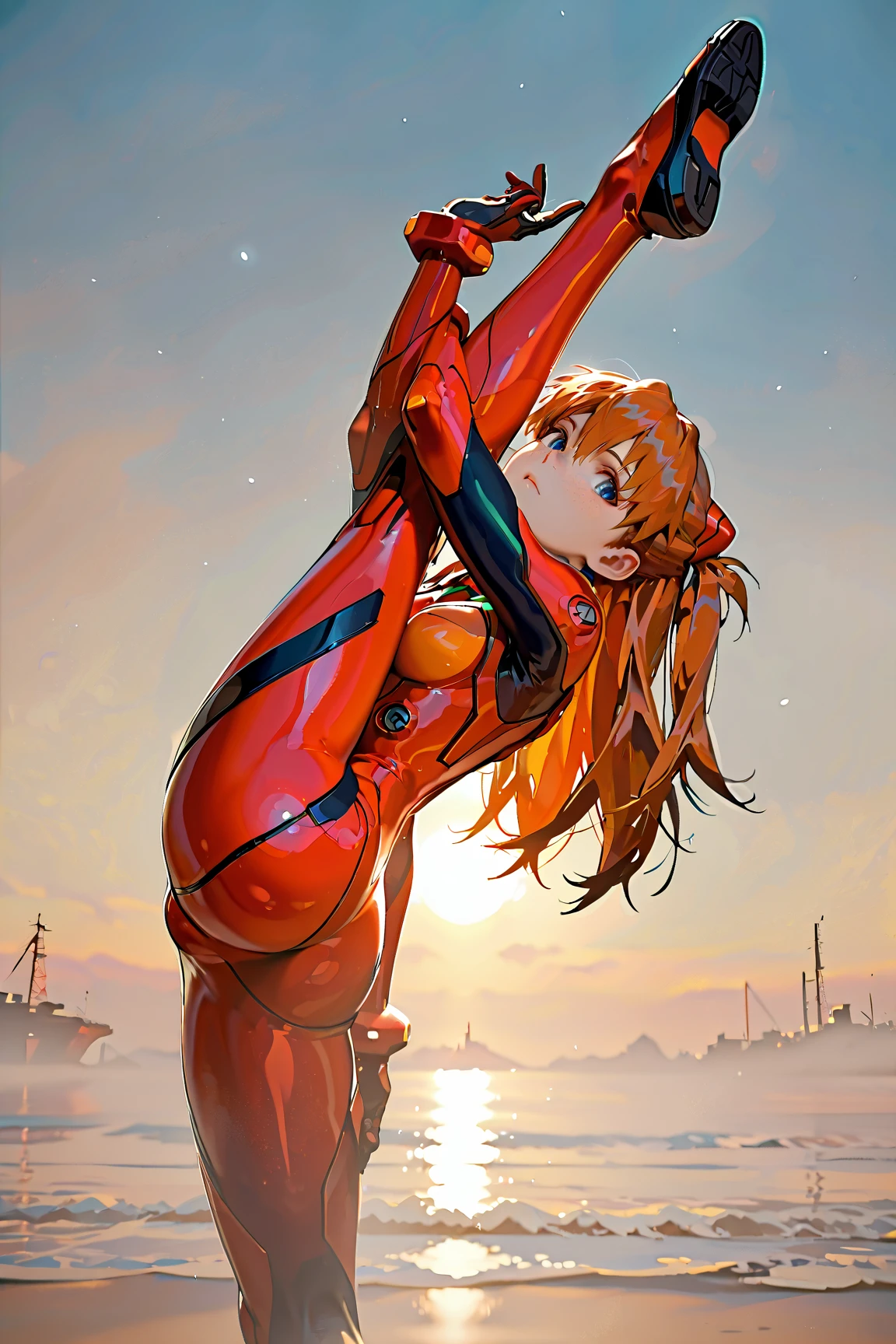 foto retrato de ((Asuka Langley en cuerpo entero)), (((beautiful asuka langley anorexic))), ((muy flaca en bikini)), (((huesos y costillas visibles))), ((small flat breasts)), ((very small waist)), piernas delgadas, ((rostro hermoso)), ((vista de perfil cuerpo entero)), (((concave abdomen))), ((Asuka Langley muy muy flaca)), ((fondo blanco)). ((cabello al viento)).