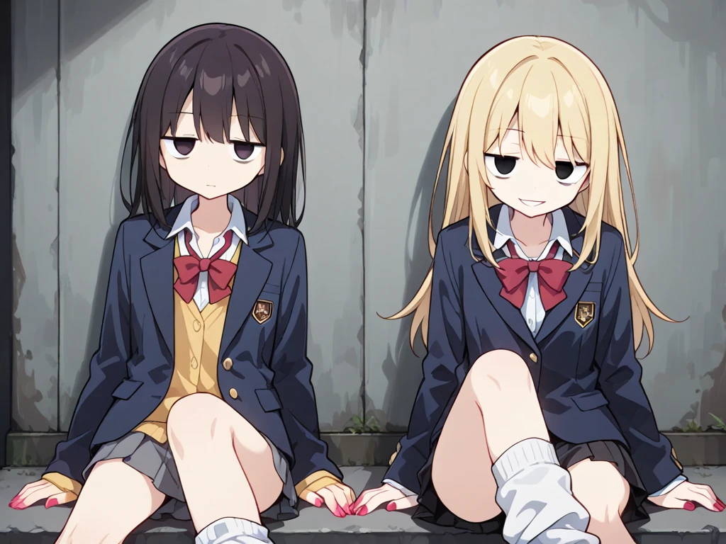 girl、High school girl naked from the waist down、High school girl uniform on the upper body, squat、sit、For viewers、17 years old、Pissing、Pee、(blush:0.8)、exposed female genitals、alley
