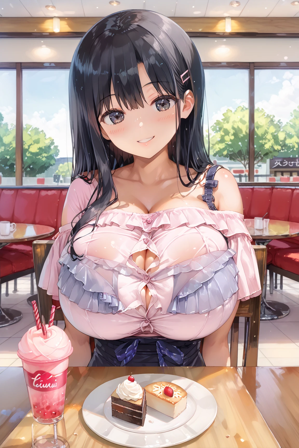 masterpiece,ultra detailed,hyperrealistic anime,plump seductive woman,(tareme:1.2),thick lips,long black hair,blunt bangs,wavy hair,tube top frilled blouse,(low-rise skirt),see-through stole on shoulder,make-up,sitting and spreading legs on sofa at crowded cafe,sweaty,look at viewer,,(pubic hair),peace sign,breathing out,happy,