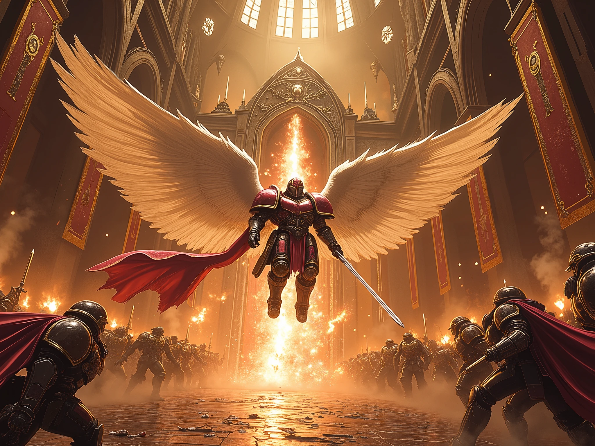 Epic battle scene unfolds inside a vast, cathedral-like gothic hall, drenched in dim golden light streaming through towering stained-glass windows and flickering chandeliers above. At the center, a superhuman power-armored warrior with angelic white wings, clad in crimson and gold ceremonial armor, leaps forward in mid-strike — slashing his glowing sword downward with explosive force. Sparks, shattered stone, and energy arcs burst from the blade’s impact. His flowing battle-worn cape trails in motion.
Behind him, the massive Sanctum Gate, scorched and cracked, looms shut, draped in torn banners and fire-lit embers. Around him, fallen enemies scatter — their armor dented and broken — while more press in, their faces twisted in rage or awe.
The air is filled with dust, sacred ash, blood mist, and holy fire.
Lighting: dramatic contrast with golden rimlight from stained glass above, casting halos over the warrior, and harsh shadows flickering from torchlight.
Camera: dynamic low-angle tracking, frozen mid-slash, cinematic wide frame — blade and motion blur dominate foreground.
Style: grimdark, Warhammer-inspired aesthetic; hyper-detailed armor, cracked marble floors, divine vs. decay tension.
Tags: Ultra-realistic, Masterpiece, Official Art, 32k, Cinematic, Grimdark, Dynamic Action, Epic Sword Duel, Gothic Cathedral.