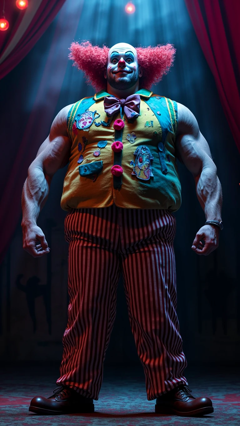  Hyperrealistic image of an old superhero with the face of a 19th century Russian Steampunk circus trapeze artist with a bare torso, slicked gray hair and huge handlebar mustaches A super heavy bodybuilder flexing his muscles A full body obese bodybuilder with a very sweaty body An elderly man extremely muscular and extremely fat over 70 years old weighing over 600 pounds. a very hairy muscular man with very big legs and sagging pectorals, big dark nipples and gynecomastia on the trapeze of a Steampunk circus dressed in horizontal striped leggings  