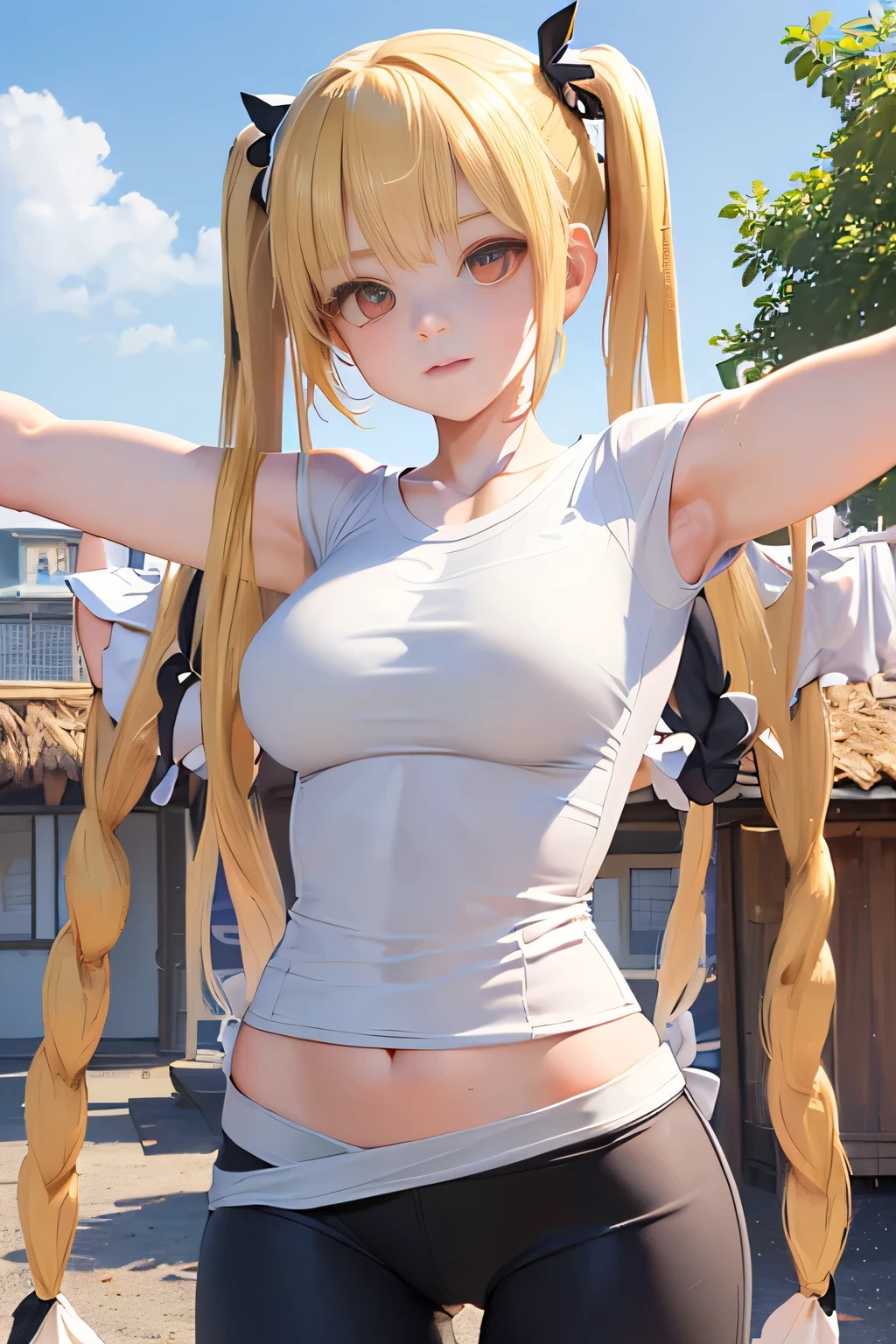 Genuine、1 girl、17 years old、Blonde、Embarrassed face, Long Hair、Braid、Twin tails、((White leotard:1.5)), ((Breasts with visible nipples)), ((Narrow waist))、Wet body、Cowboy Shot、Positive、Shiny body、Pee、Looking into the camera、((Genitals are visible))、((Take a photo from the front))、Highest quality