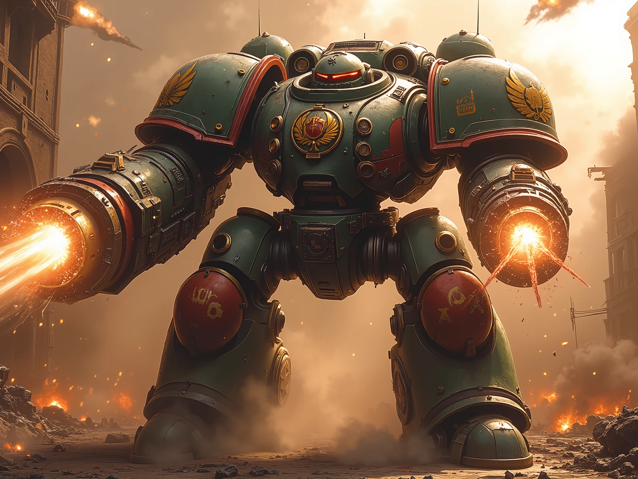 (masterpiece, ultra-HD, 32k, photorealistic, cinematic lighting, dynamic motion blur, film grain, dramatic shadows, glowing embers and particles, reversal film effect, depth of field, ambient fog, official art style)
Full body, dynamic mid-action pose — a towering Imperial Knight Mech, forged in WWI stormtrooper armor style, storms through a ruined urban battlefield at dawn. Its colossal frame—an alloy blend of Warhammer 40K knight plating and trench-era industrial steel—erupts through billowing smoke and fire, casting a mythic silhouette in the chaos.
Color scheme: Dusty metal gray fused with dark green war-plate, detailed with deep red accents, golden runic engravings, and silver trims. Crimson optics blaze with fury as the mech swings a massive runed chainsword, caught mid-slash — golden enchantments flare violently as it cleaves through a collapsing enemy war-machine, sending molten debris and sparks in all directions.
In its other arm: a relic trench cannon, roaring to life — muzzle flash splits the haze, slow-motion brass casings eject, lighting up the smoky dawn.
Upon its shoulder: a stark white pauldron painted with a Scythe emblem. The chestplate is etched with a golden laurel encircling a blood-red star, while a metallic halo-like annulus glows behind its helmeted head. Glowing runes trail across its grim, mask-like faceplate, channeling forgotten techno-rituals.
All around, the world is collapsing: arc lamps flicker, twisted steel rains from shattered buildings, explosions ripple the fog. The orange sunrise pierces through, casting long, cinematic shadows across the mech’s battered, sacred armor.
A mythic moment of brutal glory — a techno-knight waging holy war, locked in a steel-clashing saga of machine, magic, and fire, amidst a dying iron age soaked in grit, ruin, and legend.