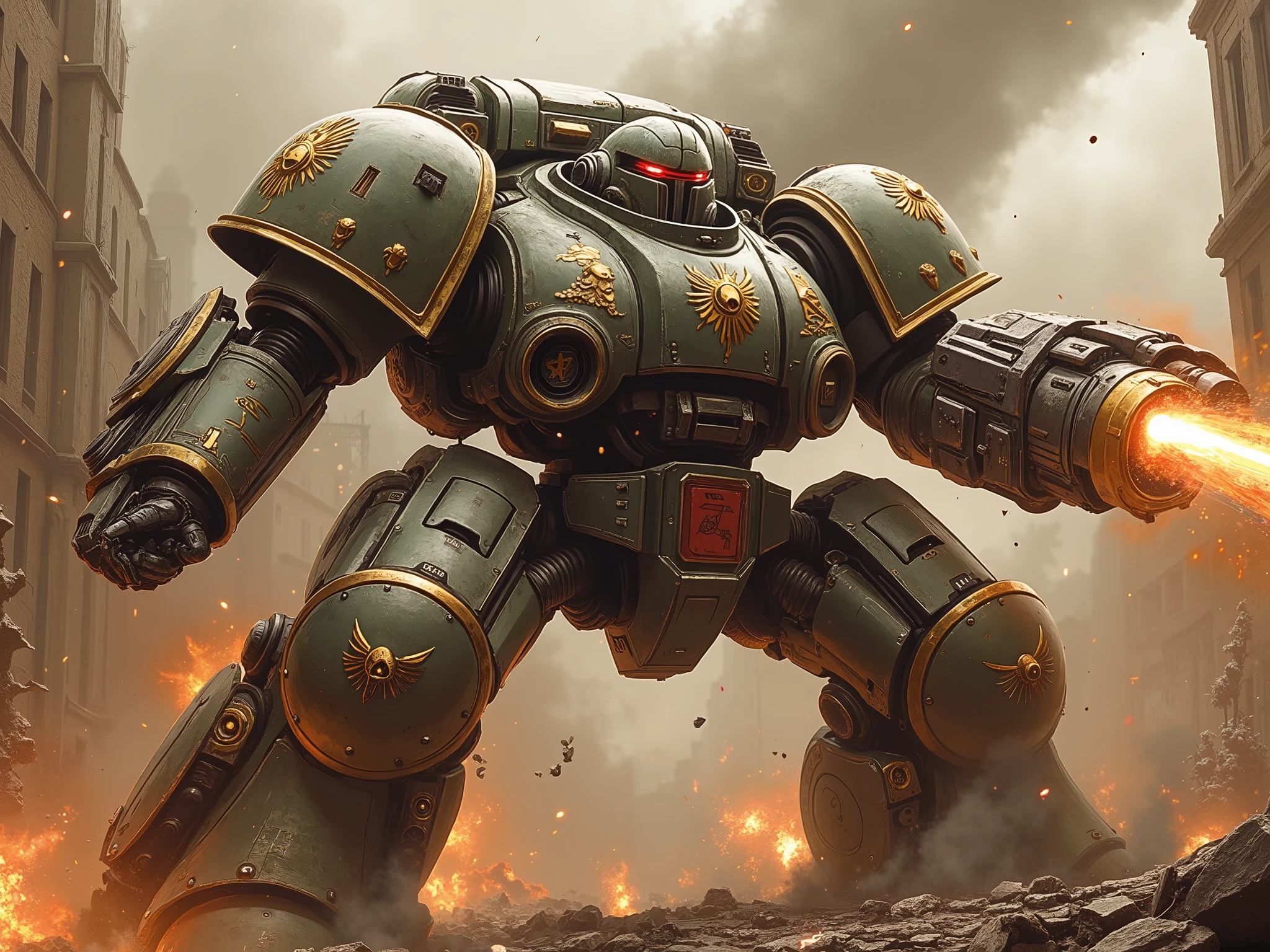 (masterpiece, ultra-HD, 32k, photorealistic, cinematic lighting, dynamic motion blur, film grain, dramatic shadows, glowing embers and particles, reversal film effect, depth of field, ambient fog, official art style)
Full body, dynamic mid-action pose — a towering Imperial Knight Mech, forged in WWI stormtrooper armor style, storms through a ruined urban battlefield at dawn. Its colossal frame—an alloy blend of Warhammer 40K knight plating and trench-era industrial steel—erupts through billowing smoke and fire, casting a mythic silhouette in the chaos.
Color scheme: Dusty metal gray fused with dark green war-plate, detailed with deep red accents, golden runic engravings, and silver trims. Crimson optics blaze with fury as the mech swings a massive runed chainsword, caught mid-slash — golden enchantments flare violently as it cleaves through a collapsing enemy war-machine, sending molten debris and sparks in all directions.
In its other arm: a relic trench cannon, roaring to life — muzzle flash splits the haze, slow-motion brass casings eject, lighting up the smoky dawn.
Upon its shoulder: a stark white pauldron painted with a Scythe emblem. The chestplate is etched with a golden laurel encircling a blood-red star, while a metallic halo-like annulus glows behind its helmeted head. Glowing runes trail across its grim, mask-like faceplate, channeling forgotten techno-rituals.
All around, the world is collapsing: arc lamps flicker, twisted steel rains from shattered buildings, explosions ripple the fog. The orange sunrise pierces through, casting long, cinematic shadows across the mech’s battered, sacred armor.
A mythic moment of brutal glory — a techno-knight waging holy war, locked in a steel-clashing saga of machine, magic, and fire, amidst a dying iron age soaked in grit, ruin, and legend.