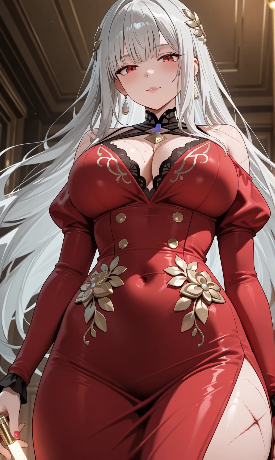 female, silver long hair, red eyes, (((1girl))), (((red regal dress))), (black fingerless opera gloves), (black tights), (red heels), cute and sexy, full body, huge breasts, long legs, smiling