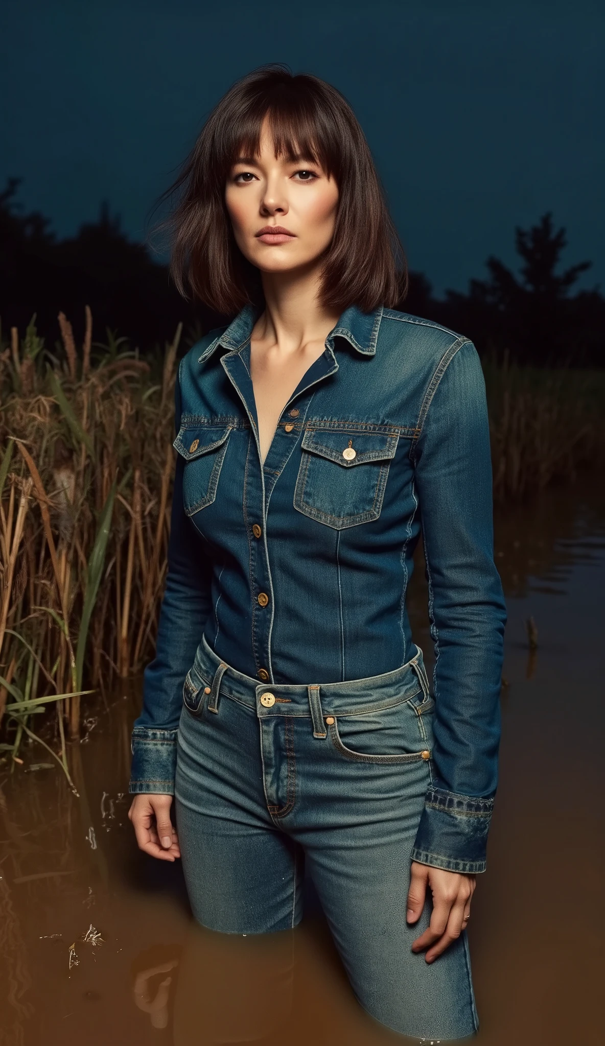 masterpiece,vivid colors,surreal art,dramatic light, mature woman stuck in hard sludge in her over 40s age, strong bags under eyes, tight washed indigo skinny soaked denim shirt, tight detailed rough denim jeans, sexual tension, bob haircut, duckweed pollution, reeds,turns, black sky night light