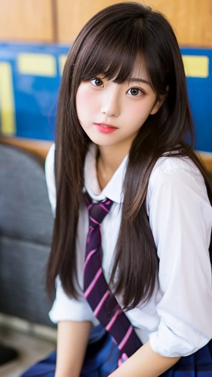 (8K), (highest quality: 1.2), (realistic), (realistic: 1.37), ultra high resolution, 1 girl, cute, smile, closed mouth, beautiful details, beautiful nose, straight black hair,giant dulcefo, pork, thighs,self snap,University Student Uniform,City of night,(white long sleeve shirt),tie,pleated skirt,(The skirt has a plaid pattern:1), (close up on face),(光沢のあるthighs),(Opaque blue knee-high socks:1.1),squat,From above,close up on face