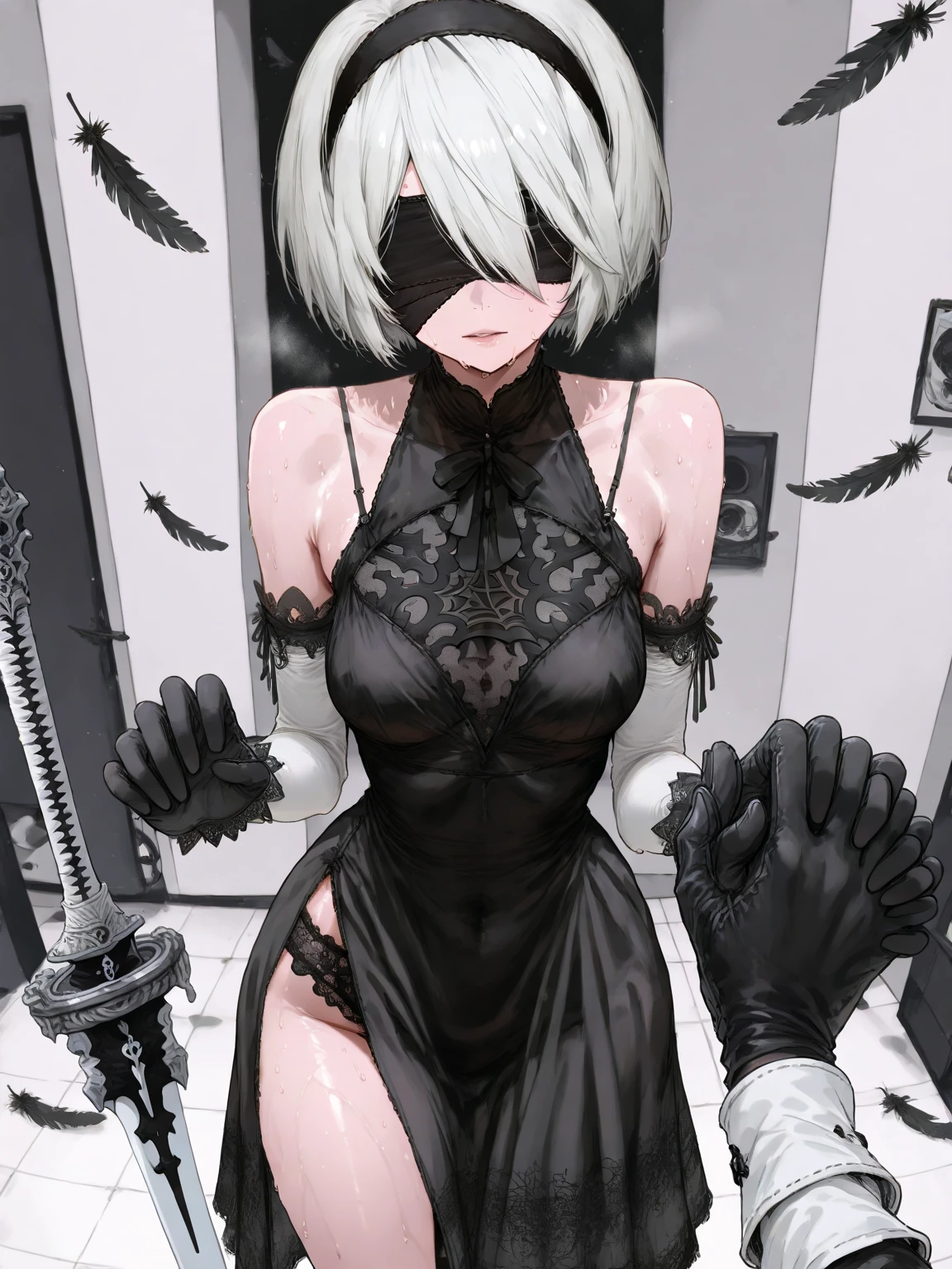 1girl, (solo), (NSFW), ((ultra detailed background, delicate pattern, intricate detail)), (best quality), (masterpiece), (highres), top quality, (detailed textures), (beautiful detailed eyes), (sharp focus), (ultra-detailed), (8k), (full body:1.4), (lying:1.4), (spread legs:1.4) uncensored, pussy juice, realspreadpussy, yorha no. 2 type b, bangs, ((black blindfold)), black dress, dress, hairband, hair between eyes, black gloves, juliet sleeves, long sleeves, mole, mole under mouth, nier (series), nier automata, puffy sleeves, short hair, turtleneck, ((white hair)), (naughty face), (excited:1.2), open mouth, ((heavy breathing)), (black pantyhose), (feet101, feet, two feet, female feet) (armpits), (naked:1.4), (((blush))), beautiful detailed glow, lots of glow, blushing, brilliantly lit, (indoors, white bed, bedroom, day, window), very detailed, areola slip, beautiful body line, (medium breasts:1.4), sexy breasts, mature female, shiny skin, cute, (Delicate figure and beautiful body curves:1.2), (looking at viewer, sensual smile:1.1), high resolution, high detail, Correct limbs, Ultra High Resolution, 4K, Ultra Detail, photography, HDR, Background blur, (vibrant_color:1.2), (beautiful_face:1.5), (narrow_waist), wallpaper, (beautiful detailed eyes:1.6), (extremely detailed face:1.4), perfect lighting, (picture perfect), extremely detailed CG