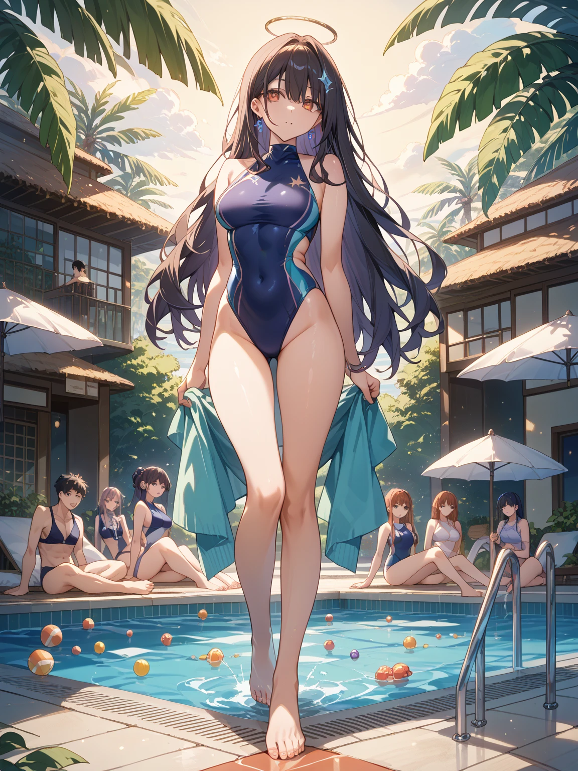 ((masterpiece, Highest quality, Best image quality, High resolution, Realistic, RAW Photos, 8k)), (Huge and stunning goddess shot, Very hot and sexy, Amazing beauty, Perfect Proportions, Beautiful body, Slim body beauty:1.3), ((Pool Party)), (Three young women: 1.2), ((Have fun)), necklace, earring, ring, (Each one is wearing a sexy bikini.: 1.2), (She night、Surrounded by male fans at a private pool: 1.5), (She has a lot of fans around her.: 1.2 ), (She was touched by the fans around her.、Being hugged: 1.5), (Men are taking pictures with their smartphones:1.2),
