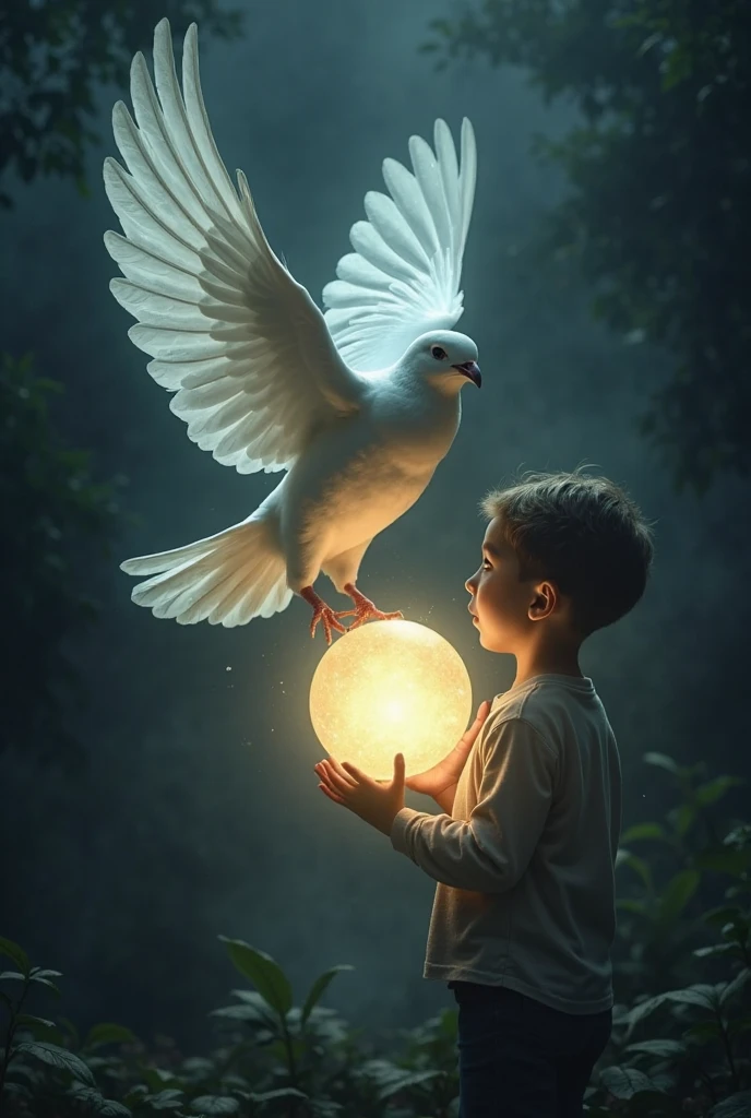 12  year  boy praying and  big white dove ,wings open stays flaying above head, 