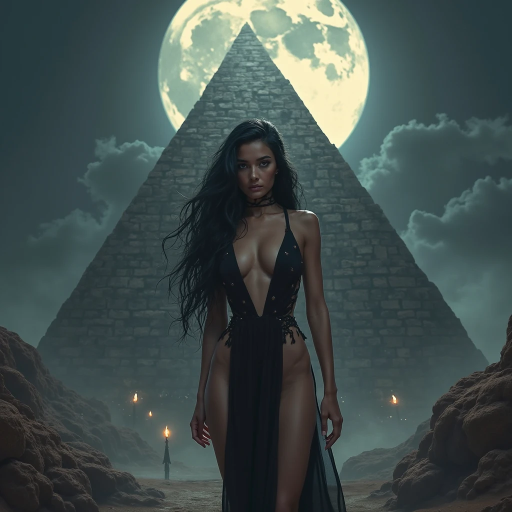 At night, aerial view of a mysterial outdoor altar, horror dark statue, a vortex cascading energy gateway in the distance with a tall staircase to cosmos heaven, atmospheric fog, Matrix style, (1girl, solo), large-breast:1.3 D-cup slim body, cleavage:1.3, belly dancer costume, (mini VR sunglasses), ((holding a laser pistol)), standing, half-body thigh level medium shot, depth of field, cinematic lighting, ray tracing.