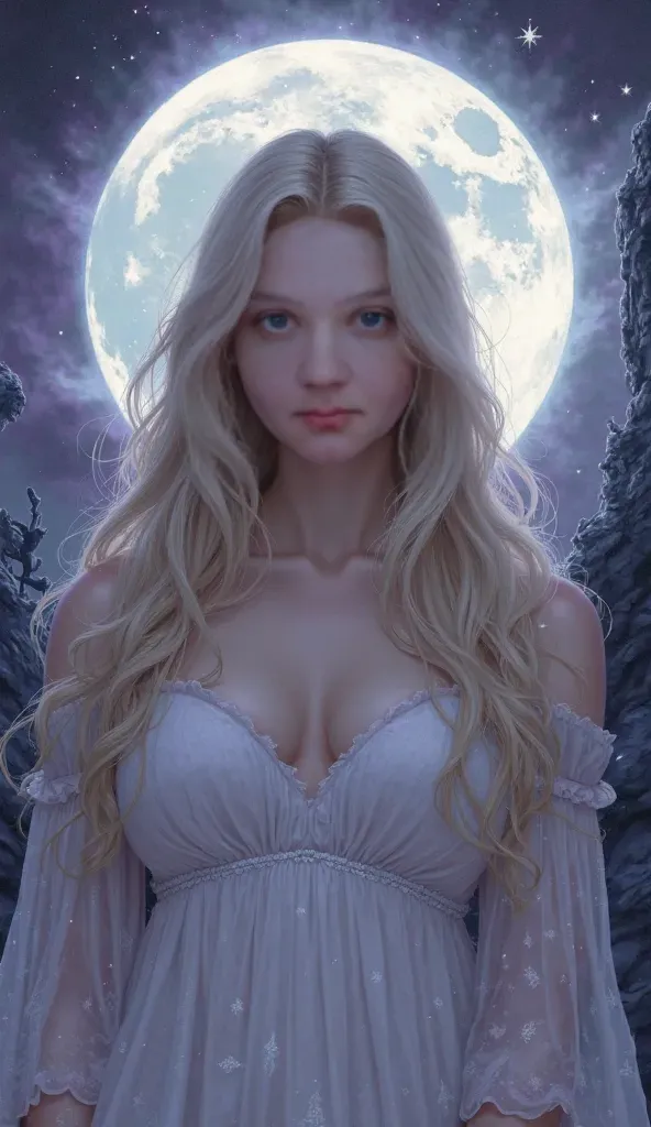 masterpiece, highest quality, solo focus, (perfect face:1.1) , (high detail:1.1),dramatic,dynamic pose,
1girl, breasts, blonde hair, blue eyes, solo, cleavage, long hair, curvy, large breasts,see-through, dress, thighs, covered navel, white dress, bare shoulders, wide hips, thick thighs, lips, covered, robe, pelvic curtain,castle,night,moon,
detailed background, art by artgerm and greg rutkowski, cinematic lighting,
