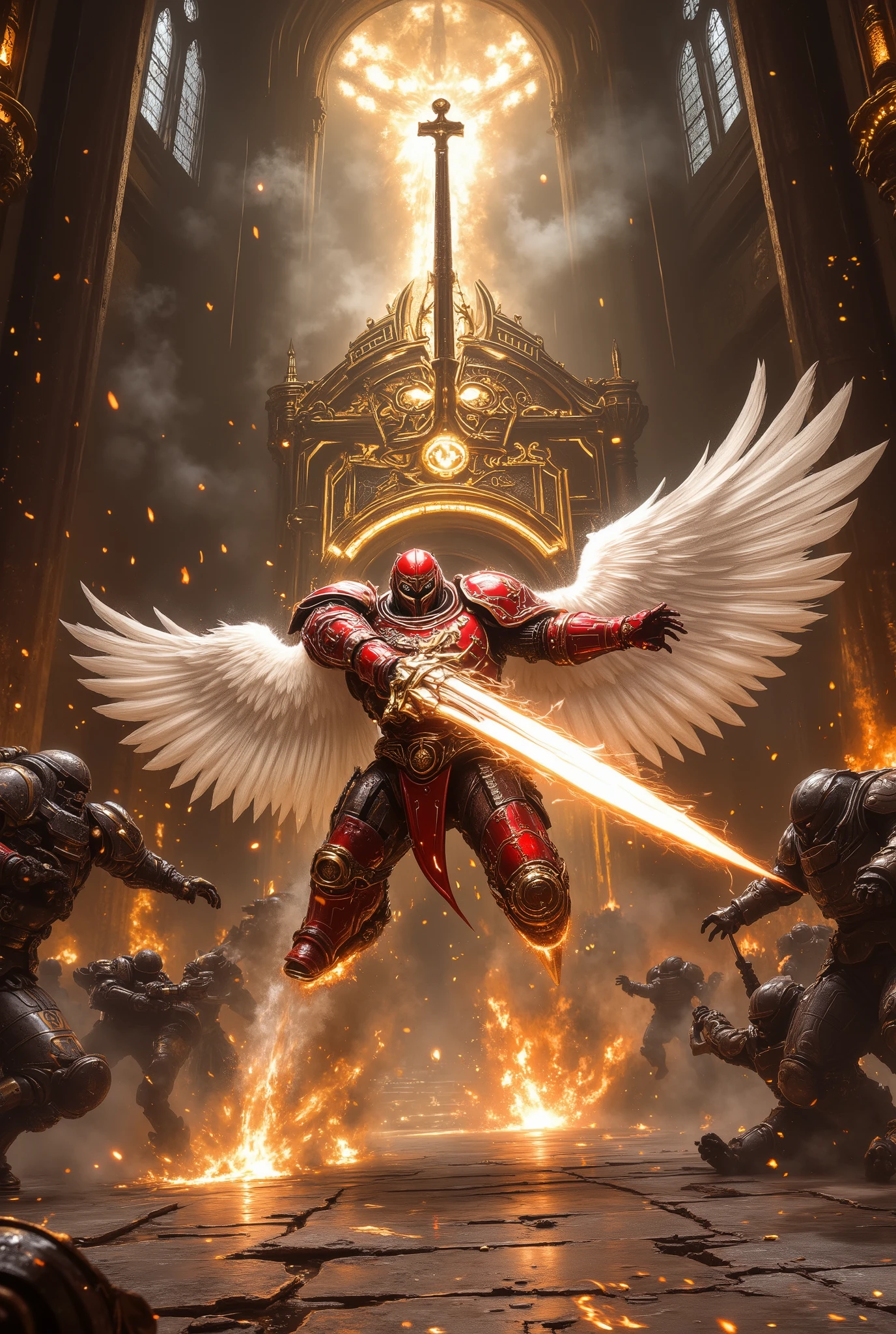 Epic battle scene unfolds inside a vast, cathedral-like gothic hall, drenched in dim golden light streaming through towering stained-glass windows and flickering chandeliers above. At the center, a superhuman power-armored warrior with angelic white wings, clad in crimson and gold ceremonial armor, leaps forward in mid-strike — slashing his glowing sword downward with explosive force. Sparks, shattered stone, and energy arcs burst from the blade’s impact. His flowing battle-worn cape trails in motion.
Behind him, the massive Sanctum Gate, scorched and cracked, looms shut, draped in torn banners and fire-lit embers. Around him, fallen enemies scatter — their armor dented and broken — while more press in, their faces twisted in rage or awe.
The air is filled with dust, sacred ash, blood mist, and holy fire.
Lighting: dramatic contrast with golden rimlight from stained glass above, casting halos over the warrior, and harsh shadows flickering from torchlight.
Camera: dynamic low-angle tracking, frozen mid-slash, cinematic wide frame — blade and motion blur dominate foreground.
Style: grimdark, Warhammer-inspired aesthetic; hyper-detailed armor, cracked marble floors, divine vs. decay tension.
Tags: Ultra-realistic, Masterpiece, Official Art, 32k, Cinematic, Grimdark, Dynamic Action, Epic Sword Duel, Gothic Cathedral.