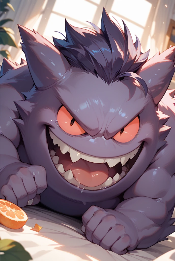 highest quality image, masterpiece, (detailed: 1.4), perfect drawing, pokemon gengar, totally in the dark, dark mansion, stairs, gothic setting, night, no lights, blood red eyes